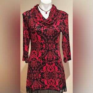 CUPID Red & Black, Long Sleeve, Cowl Neck Dress W/Lace Trim Sz.S